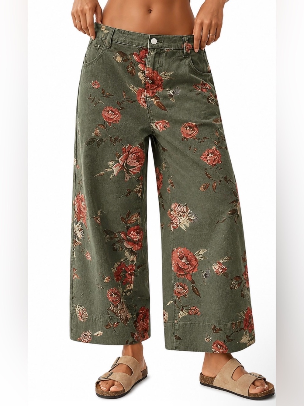 Floral Wide-Leg Crop Pants - Olive Green